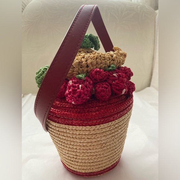 VTG Lulu Guinness Wheat Straw Fruit Bowl crocheted purse red leather strap - Picture 7 of 16